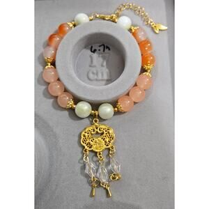 Peach/ White Wire Bracelet with Gold Dangle #64